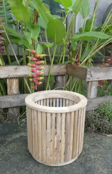 Product image 1 of the product “Round Planter | 35 cm Height, Ø 29 cm | Teak Wood, Natural Finish ”